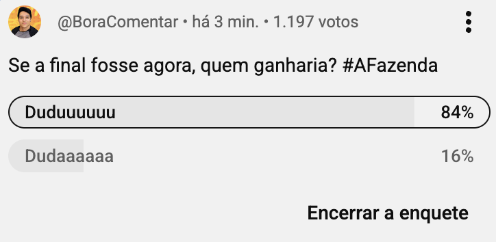 diegoschueng's tweet photo. Segundo a enquete do Bora Comentar, Dudu seria o campeão da #AFazenda se a final fosse agora! https://t.co/CKLPh096c0