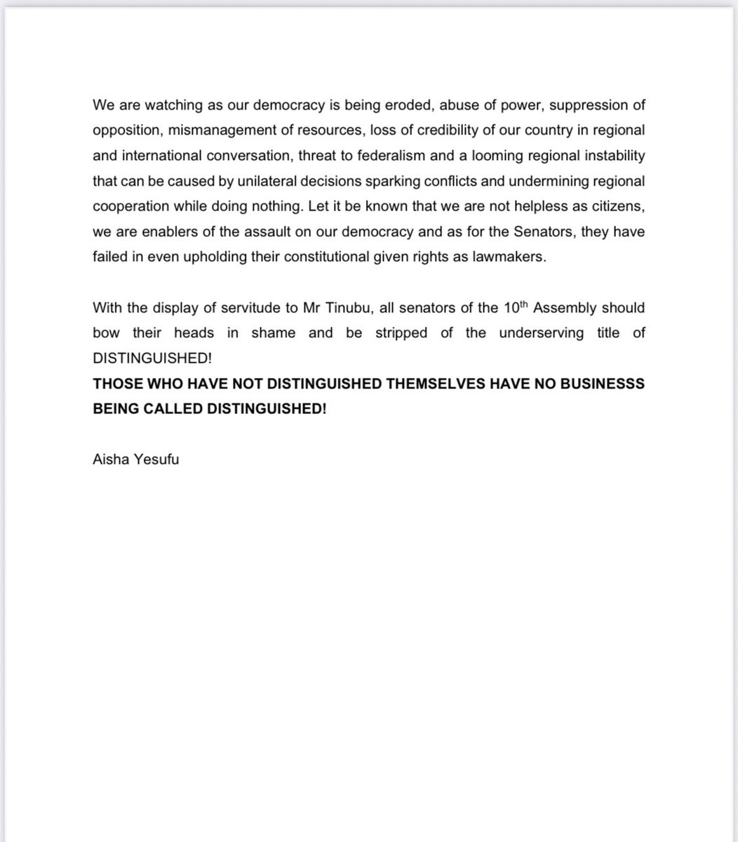SHAME ON THE SENATE!!!!
 
An institution that should be the voice of the people and the guardian of the Nation has reduced itself to self-enslavement. A hallowed chamber has become unconsecrated chamber. 

The hasty approval of Mr Tinubu's request to deploy Nigerian military