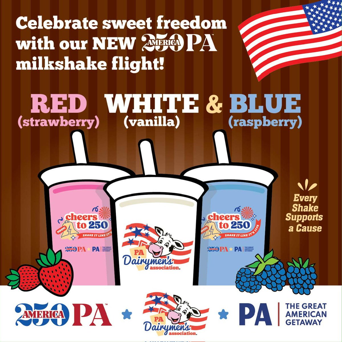 PlanningCounty's tweet image. America250PA is shaking things up for 2026 with the PA Dairymen's Association as we introduce the America250PA Milkshake Flight for the 2026 Farm Show! 

Stop at the PA Farm Show in January to try! 

Cheers to 250!