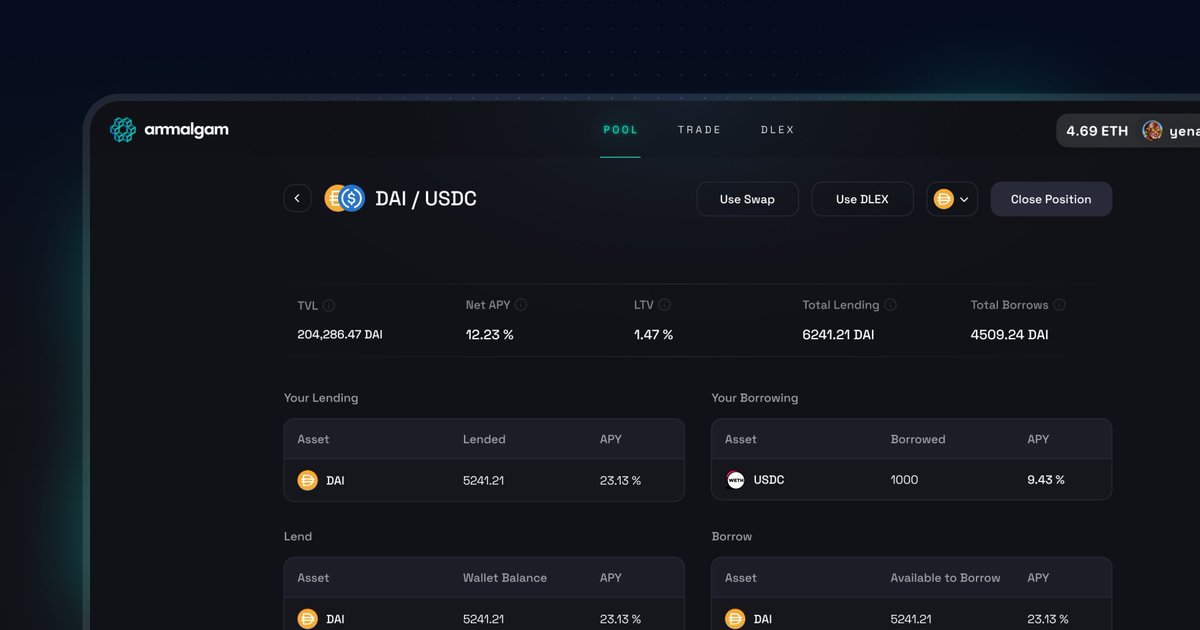A clear interface and a single liquidity pool design.

Lend, trade, or leverage any asset without oracles on Ammalgam.