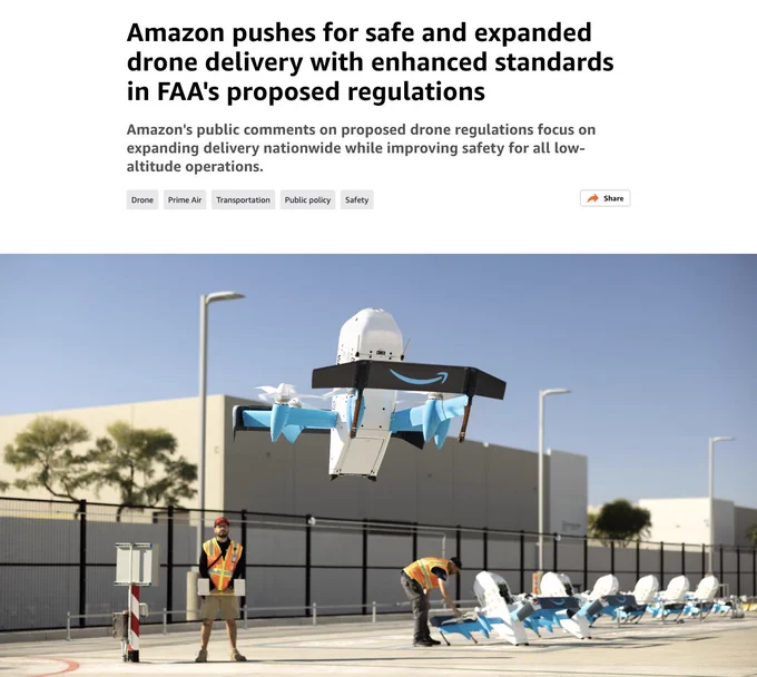 🔵MARKETEVANS: Amazon chiede standard di sicurezza elevati per i droni da consegna alla FAA