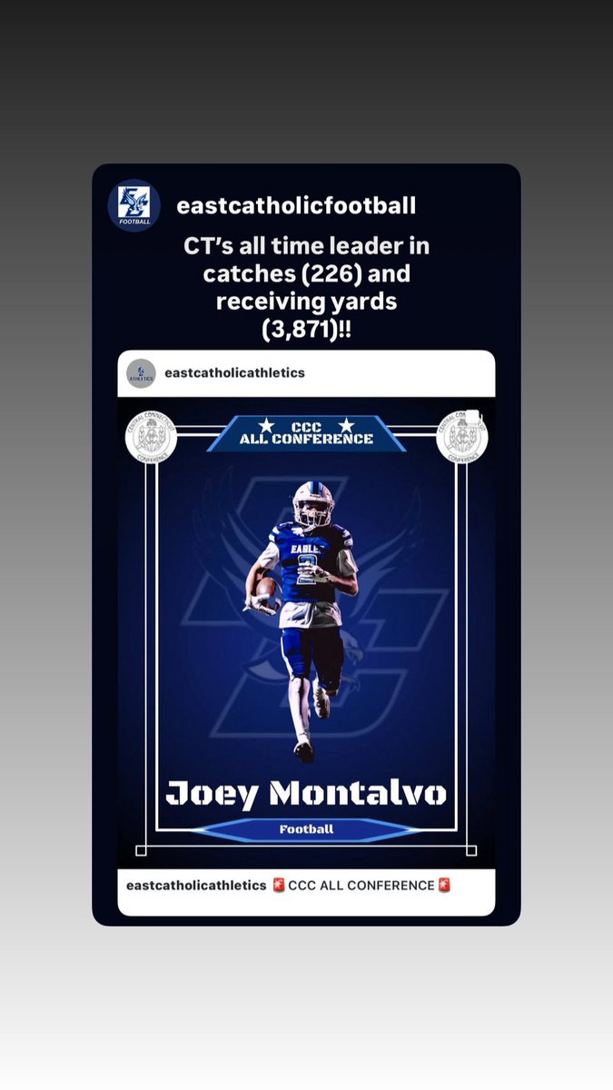 JoeyMontalvo5's tweet photo. Added another one to the Connecticut Record Books! Blessed to be the All Time Leader in Receiving Yards &amp; All Time Leader in Receptions. My job’s not done yet! #AGTG 
@DanBoothTV @JPPierson @RareReminderJH 
@ciacsports @GametimeCT @NextLevel_CT @EastCatholicFB https://t.co/nxXn8CCSPu