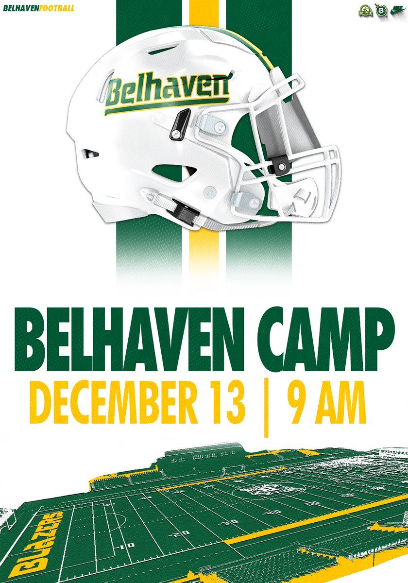 Clear your schedule!! Calling all seniors and transfers who want to 
1. Grow in your faith
2. Walk away with 2 degrees
3. Win championships!
Come see us, register at the link below! 
Please know your GPA and ACT score as well!! 

belhavenfootballcamps.com
#GoBlazers #Fight