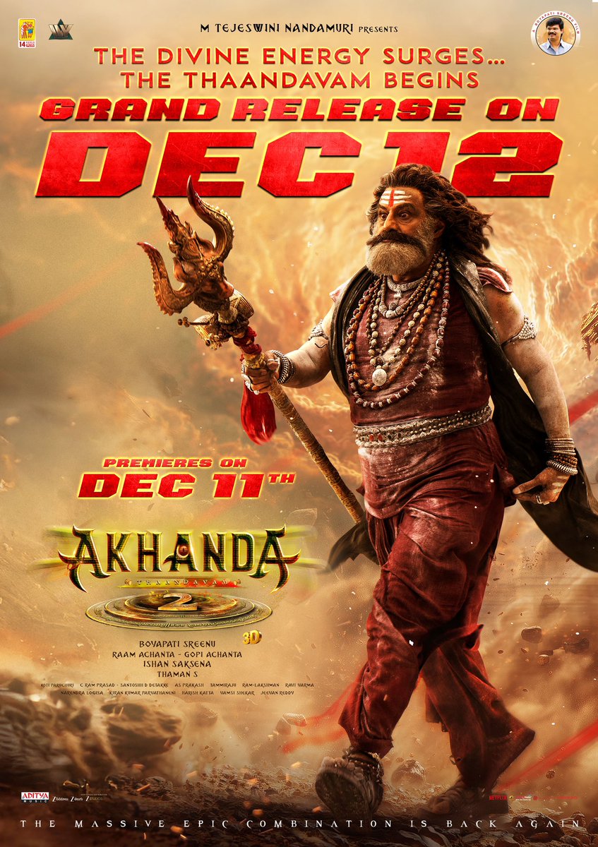 RaamAchanta's tweet photo. Blockbuster #Akhanda2…
Dec 12th with premieres on Dec 11th night.
Sincere apologies to all our #BalayyaBabu fans &amp; movie lovers for what ever happened but 
we guarantee you a 200% BLOCKBUSTER 
A-K-H-A-N-D-A-2 !! https://t.co/G2PuBa7XFU