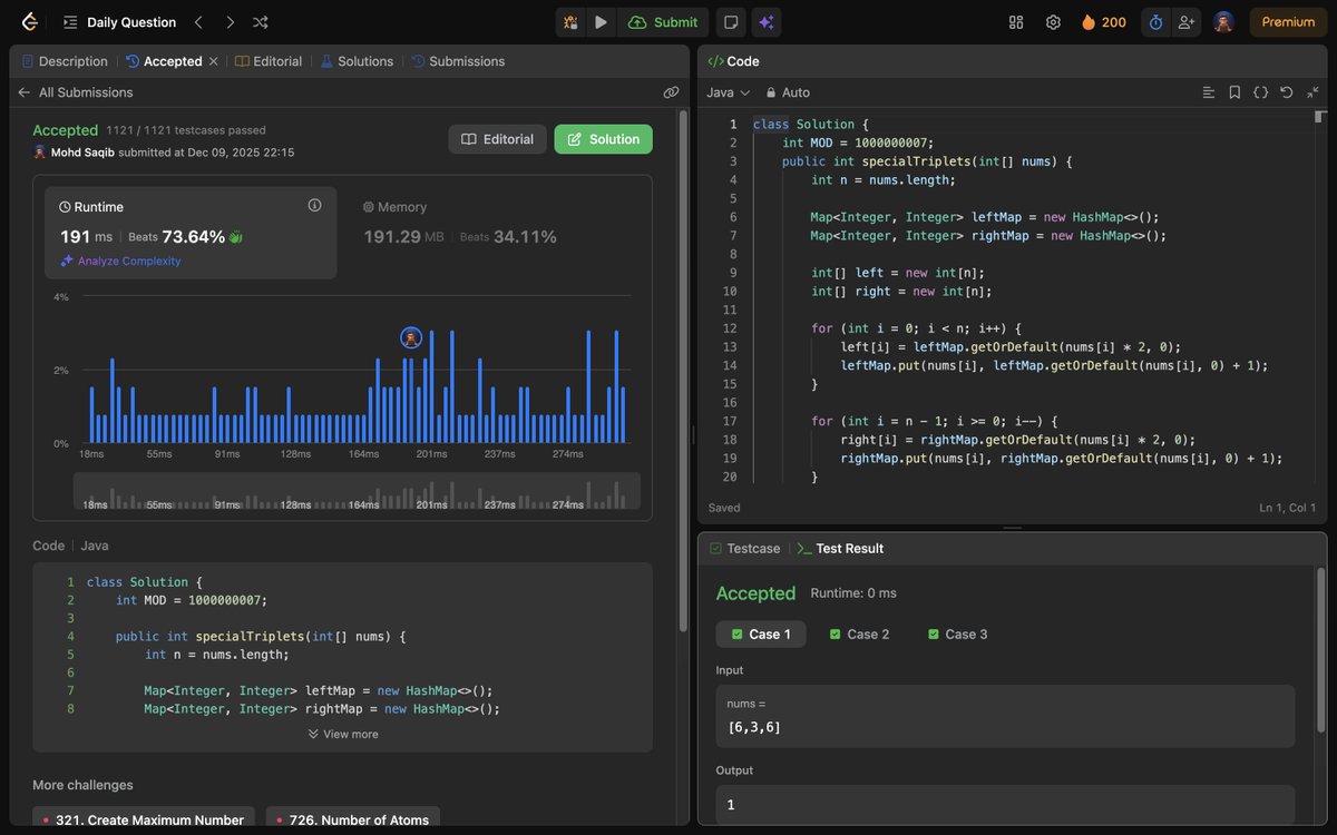 Mohd_Saqib_'s tweet photo. 🚀 Day 503 of Code 🚀
Solved :
✅ 3583. Count Special Triplets
#Day503 #LeetCode #DSA #CountSpecialTriplets #ProblemSolving #Algorithms #CodingChallenge #100DaysOfCode https://t.co/Y8fEQlStR3