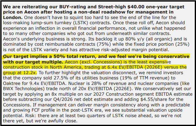 Scott_K_Rodgers's tweet photo. $ARE.to would be at $40/sh using 8x '27 EBITDA, while peers are trading at higher multiples.  

"Aecon is the lease expensive construction stock in North America" - Canaccord https://t.co/RbnaBZBylj