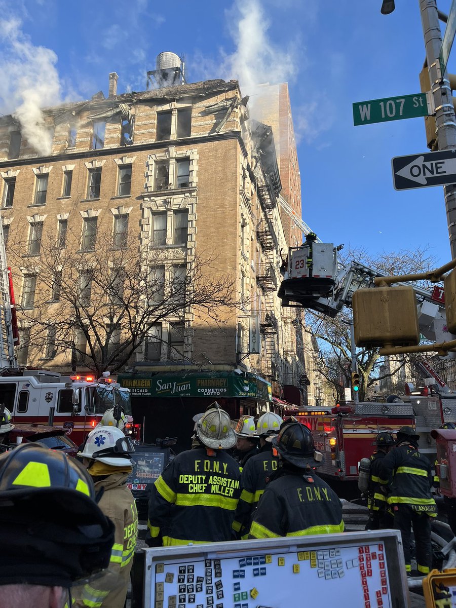 FDNY's tweet image. At 8:20 Tuesday morning, the FDNY responded to a 4-alarm fire at 201 West 107th Street in Manhattan. Units arrived in just over three minutes. Firefighters and Rescue Paramedics escorted two civilians out of the building to be treated by EMS. One Firefighter was treated for a…
