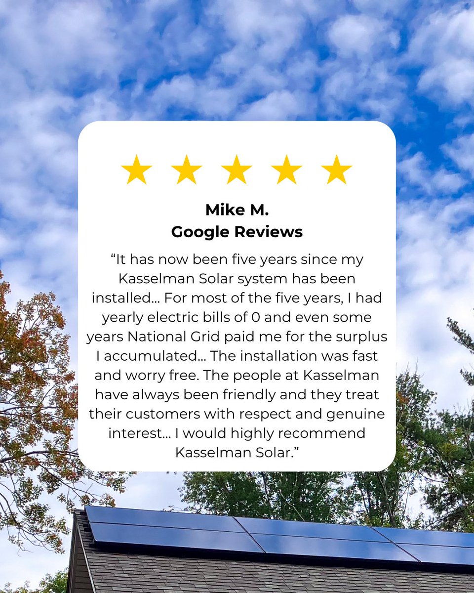☀️ 5 years later and still going strong! Mike's Kasselman Solar system continues to produce clean, reliable energy - and even earn credits from the grid! 

Thanks for the great review, Mike.

#KasselmanSolar #solar #cleanenergy #testimonialtuesday