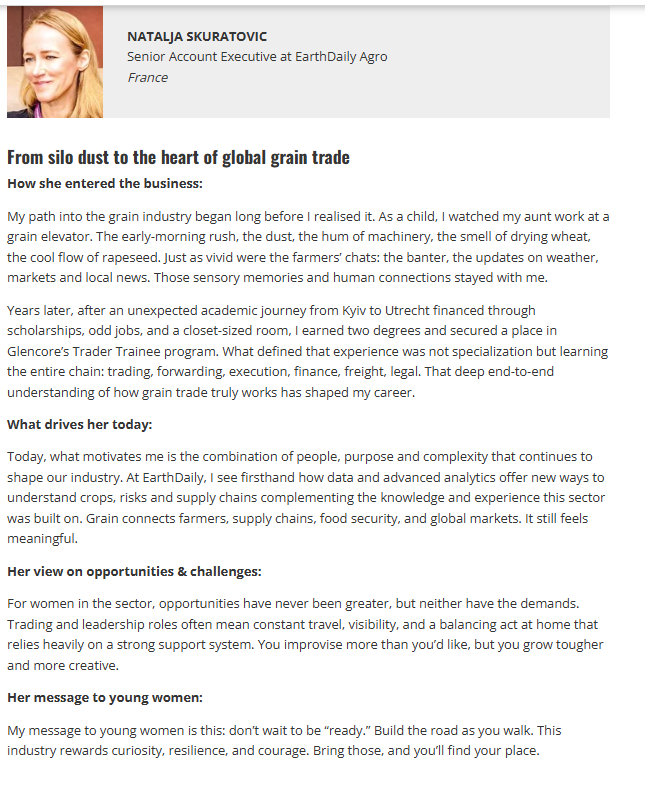 EarthDailyA's tweet image. Great to see @EarthDailyA's Natalja Skuratovic featured in @MillerMagazine's “Women’s Voices from the Grain and Milling Value Chain.”

Natalja brings deep industry insight to her work with #producers and #agrifood organizations, helping them use #data and #analytics to better