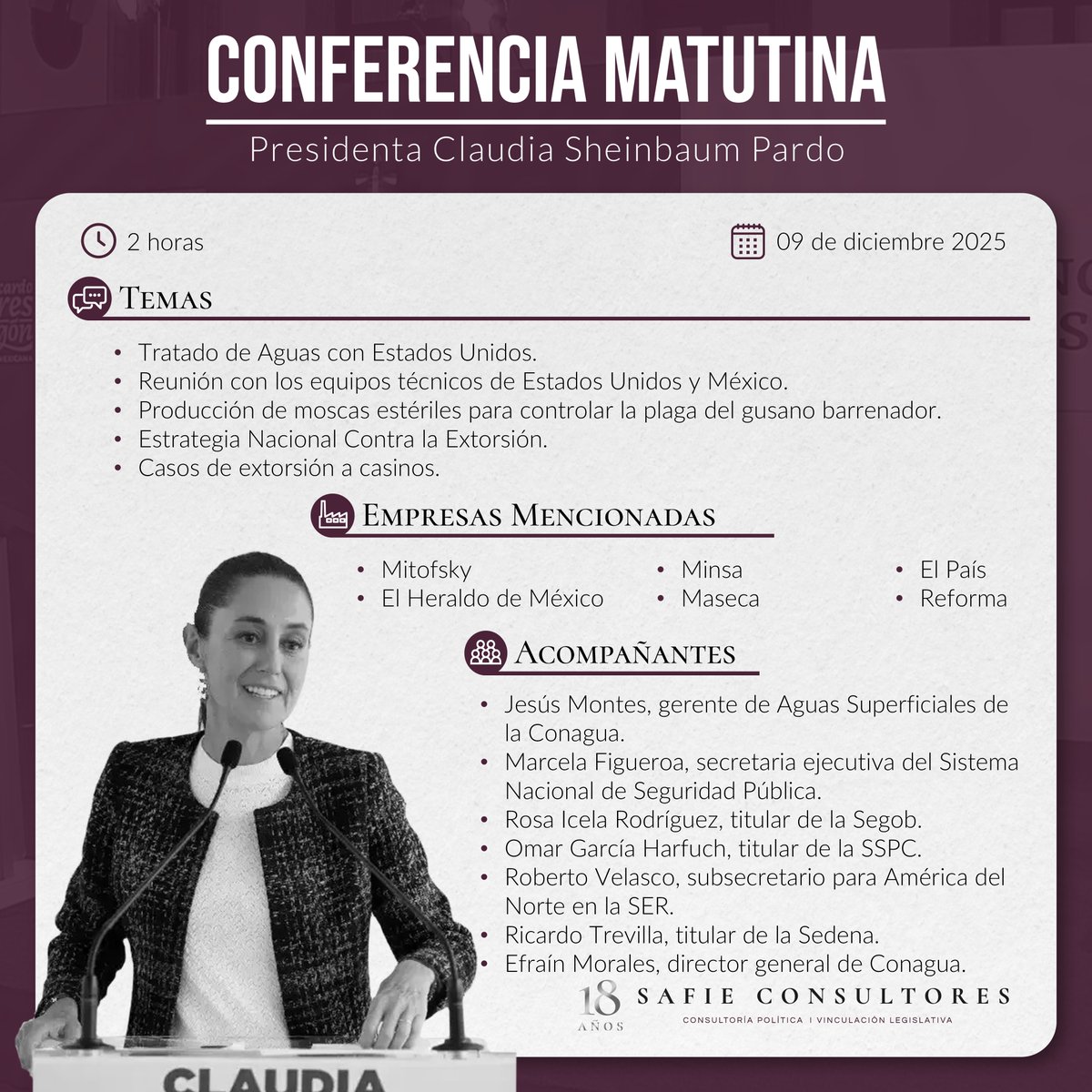 📰 #SafieConsultores te presenta los #highlights de la conferencia matutina de hoy. Conoce las empresas mencionadas y los funcionarios que acompañaron a la presidenta. #ConferenciaPresidenta #GobiernodeMexico