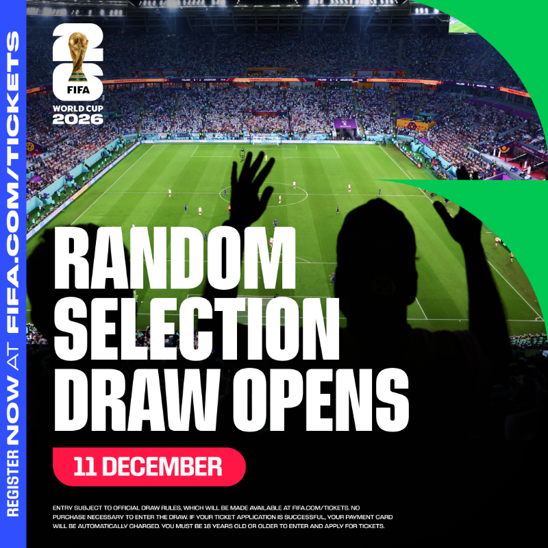 FIFAWorldCup's tweet photo. Don't miss out on your opportunity to enter the Random Selection Draw to apply for #FIFAWorldCup tickets  🇨🇦🇲🇽🇺🇸

Applications open on December 11th !