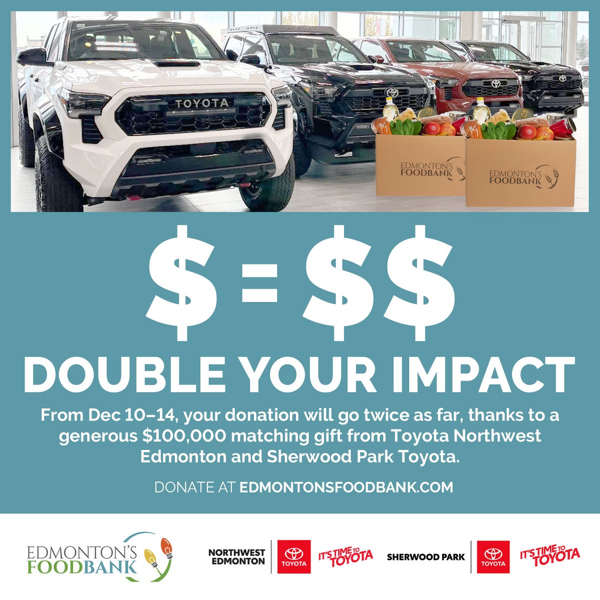 STARTS TOMORROW! Our friends at Toyota Northwest Edmonton and Sherwood Park Toyota have donated $100,000 to help Edmonton's Food Bank and we need YOUR help! 

PLEASE HELP US RAISE $100,000 TO MATCH THIS DONATION! Thank YOU! #yeg #edmonton 

loom.ly/sGqLtpw