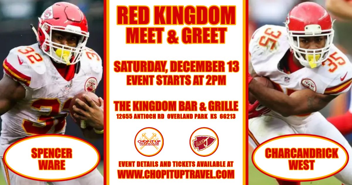 Don’t miss your chance to meet Spencer Ware and Charcandrick West in person! 

Join us at The Kingdom Bar &amp; Grille on Saturday, December 13th at 2pm!

Tickets are limited — get yours now at chopituptravel.com

#ChiefsKingdom <a href="/Charcandrick26/">Charcandrick West</a> <a href="/spencerware11/">Spencer Ware</a> <a href="/ChiefsLotJ/">nathan morrow</a>