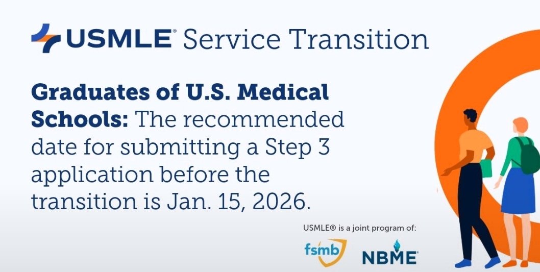 AhmadRehanKhan's tweet photo. 𝗨𝗦𝗠𝗟𝗘 𝗧𝗥𝗔𝗡𝗦𝗜𝗧𝗜𝗢𝗡 & 𝗙𝗔𝗤𝘀:

Simple explanation of USMLE TRANSITIONs and link to the FAQs

1️⃣ If you are a student or graduate of an international medical school and you plan to apply for Step 1, Step 2 CK, or any exam related service before phase one of the USMLE Service Transition on January 12, 2026, you should submit your application to ECFMG, a division of Intealth, by December 31, 2025.

2️⃣ If you are a graduate of a United States medical school and you plan to apply for Step 3 before phase two of the USMLE Service Transition on January 26, 2026, you should submit your application to the Federation of State Medical Boards by January 15, 2026.

Please note that these dates are general recommendations and do not guarantee that your application will be completed before the transition. Any USMLE application or exam related service request that remains incomplete when the transition begins will need to be resubmitted.

🔗 More information and answers to common questions about the USMLE Service Transition:

https://t.co/hPe9P1Ye5X

Post Courtesy @TheUSMLE

#USMLE #MedTwitter #MedEd
