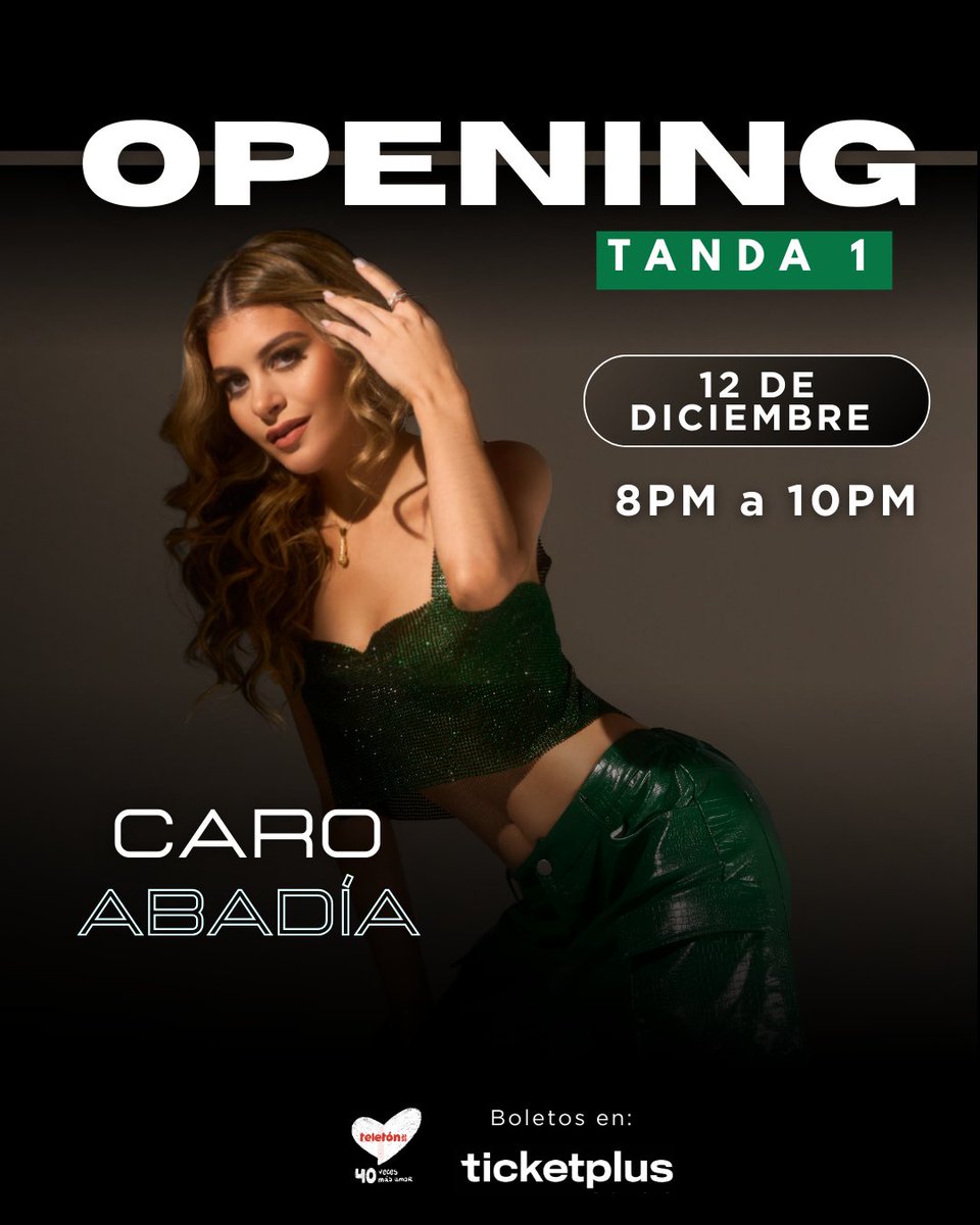 ¡Únete a la @Teleton2030! 
​Artista Invitada - Tanda 1 <a href="/carolinaabadia/">CARO ABADIA⚡️</a>
​Fecha: 12 de DICIEMBRE 
Hora: De 8 PM a 10 PM
​Ven y disfruta de una noche llena de música por una buena causa.
Adquiere tus boletos en <a href="/TicketplusPTY/">Ticketplus Panama</a>
​Teletón 20-30: 40 veces más AMOR ❤️