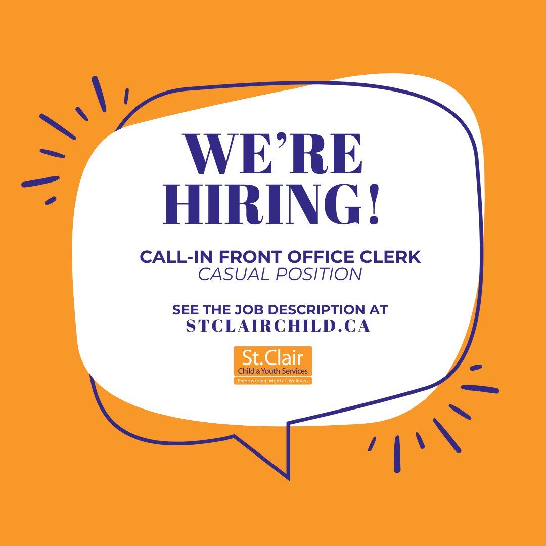 Join our team!📣 We're currently recruiting a Call-In Front Office Clerk (Casual Position)!

For position details and info on how to apply, visit stclairchild.ca/job-opportunit…