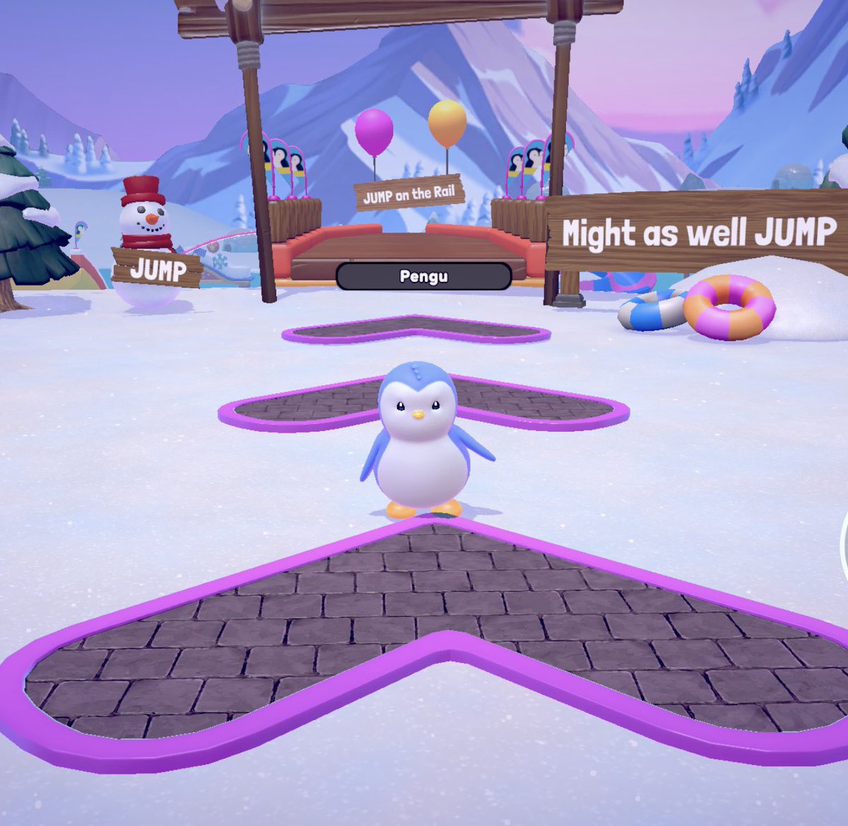 눈 내리는 겨울 동화 속에서 귀여운 펭귄 캐릭터가 액션 준비를 하고 있는 Pudgy Penguins의 Jump on the Rail 게임 화면