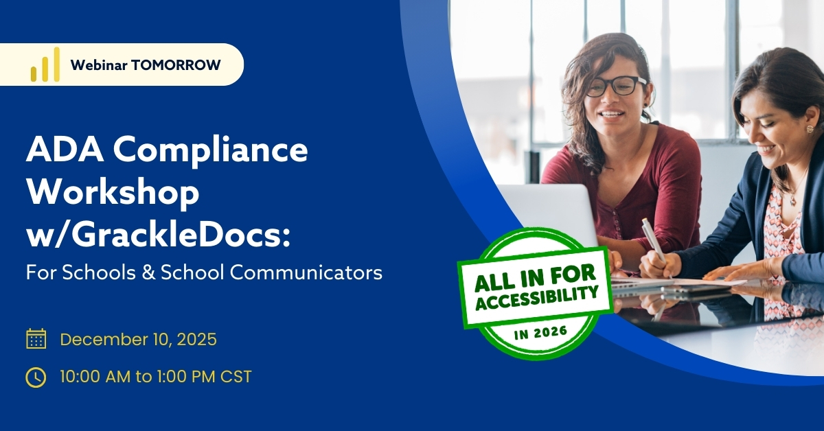 classintercom's tweet image. 🚨 ADA Compliance Workshop TOMORROW! We&apos;re teaming up with @grackledocs for a 3-hour session on web accessibility. You&apos;ll walk away with a clear, ready-to-use action plan to help you &amp;amp; your team meet the 2026 ADA compliance deadline. 

Register now at the link in the comments.