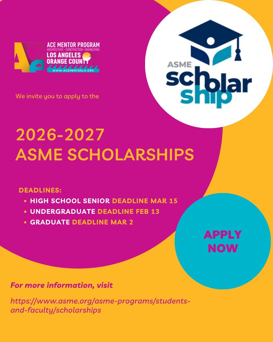 The online ASME Scholarship applications are open for the 2026–2027 academic year!

Don’t miss your chance to receive support as you pursue your future in engineering and technology. asme.org/asme-programs/…

#ScholarshipOpportunity #MET #STEMEducation #FutureEngineers #ApplyNow