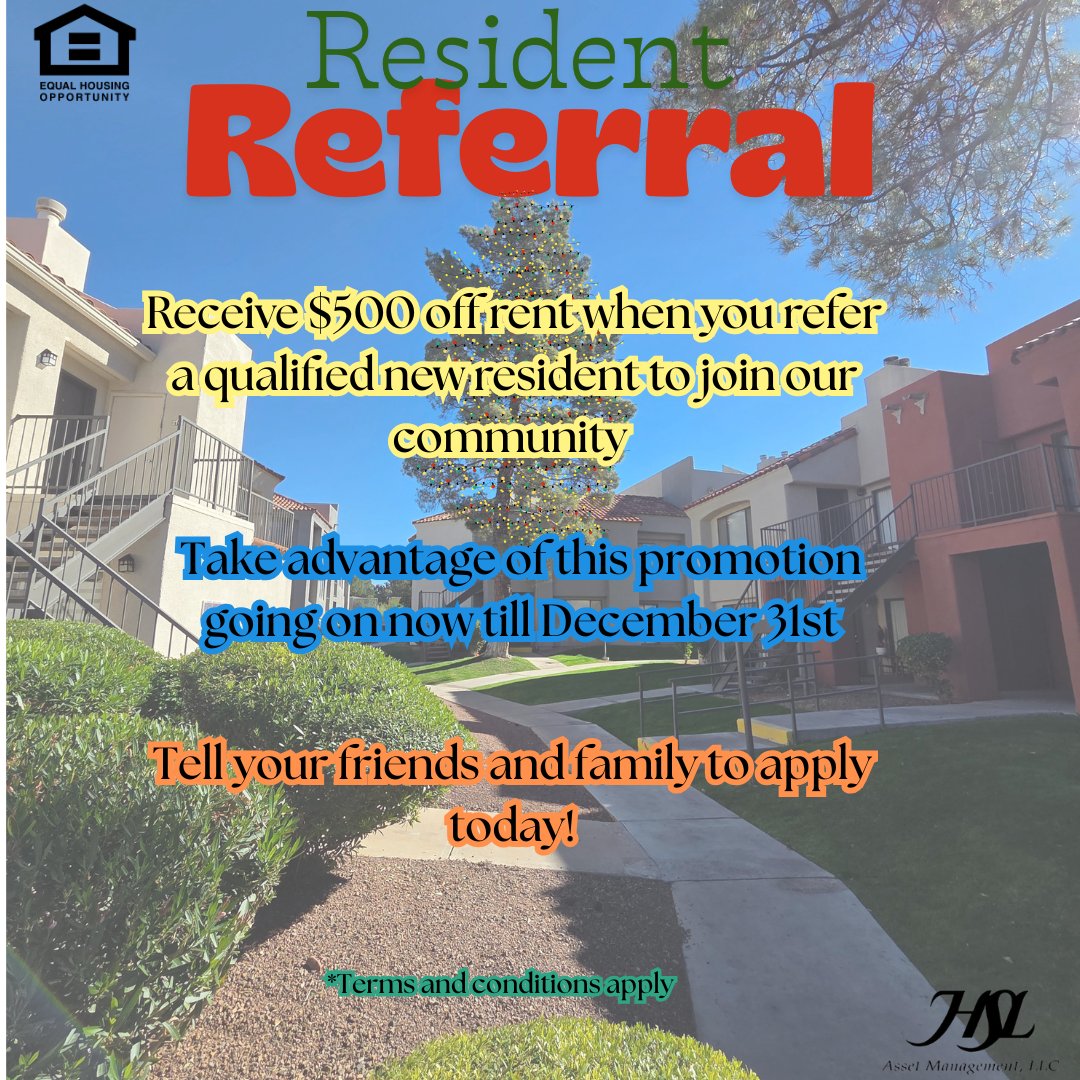 HSLRidgepointe's tweet photo. Ridgepointe residents! Refer a new resident and get $500 off rent. Offer ends December 31st — don’t miss out!
#ItsAboutCommunity #HSLProperties #HSL #Arizona #HSLLiving #Home #HomeSweetHome #Apartments #ApartmentLiving

HSL Asset Management, LLC.
[Equal Housing Opportunity] https://t.co/fyGMshGTnK