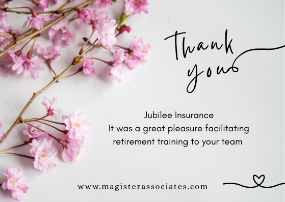 We had a great experience facilitating a Retirement Planning training for the Jubilee Insurance team.
Thank you for the warm engagement and the opportunity to contribute to your growth journey.
