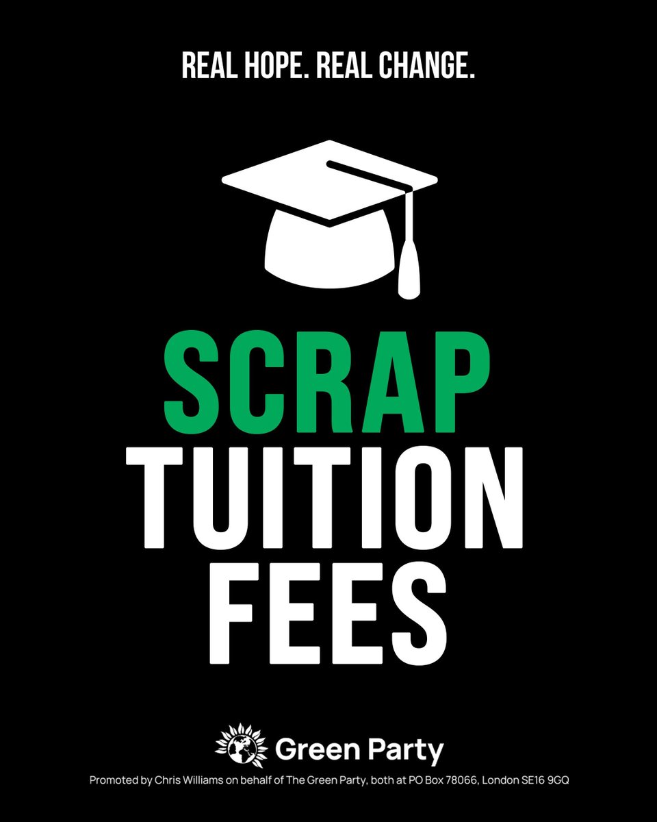 TheGreenParty's tweet image. 15 years ago today the Tory &amp;amp; Lib Dem government tripled tuition fees. 
Young people, our economy and society are robbed of the learning and skills university offers whilst graduates face average debt of £53,000. Education should be a right, not a privilege. Scrap tuition fees.