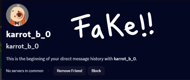 ⚠️IMPORTANT⚠️
Someone is impersonating me using the username karrot_b_0 on Discord.
That account is not the one I currently use for commissions or client communication on discord
If someone contacts you from that account claiming to be me, it’s fake.
Please block and report it