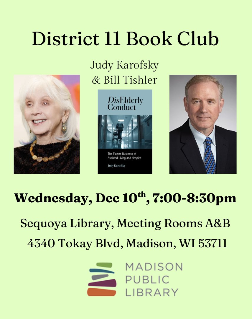 📢Come to the Sequoya Library tomorrow on Wednesday, December 10th to attend the District 11 Book Club!

Alder Bill Tishler will be joined by <a href="/Karofsky/">Judy Karofsky</a> to discuss her book, DisElderly Conduct.

More on the event: bit.ly/4oH8k68
Check out the book: bit.ly/4hXIKrY