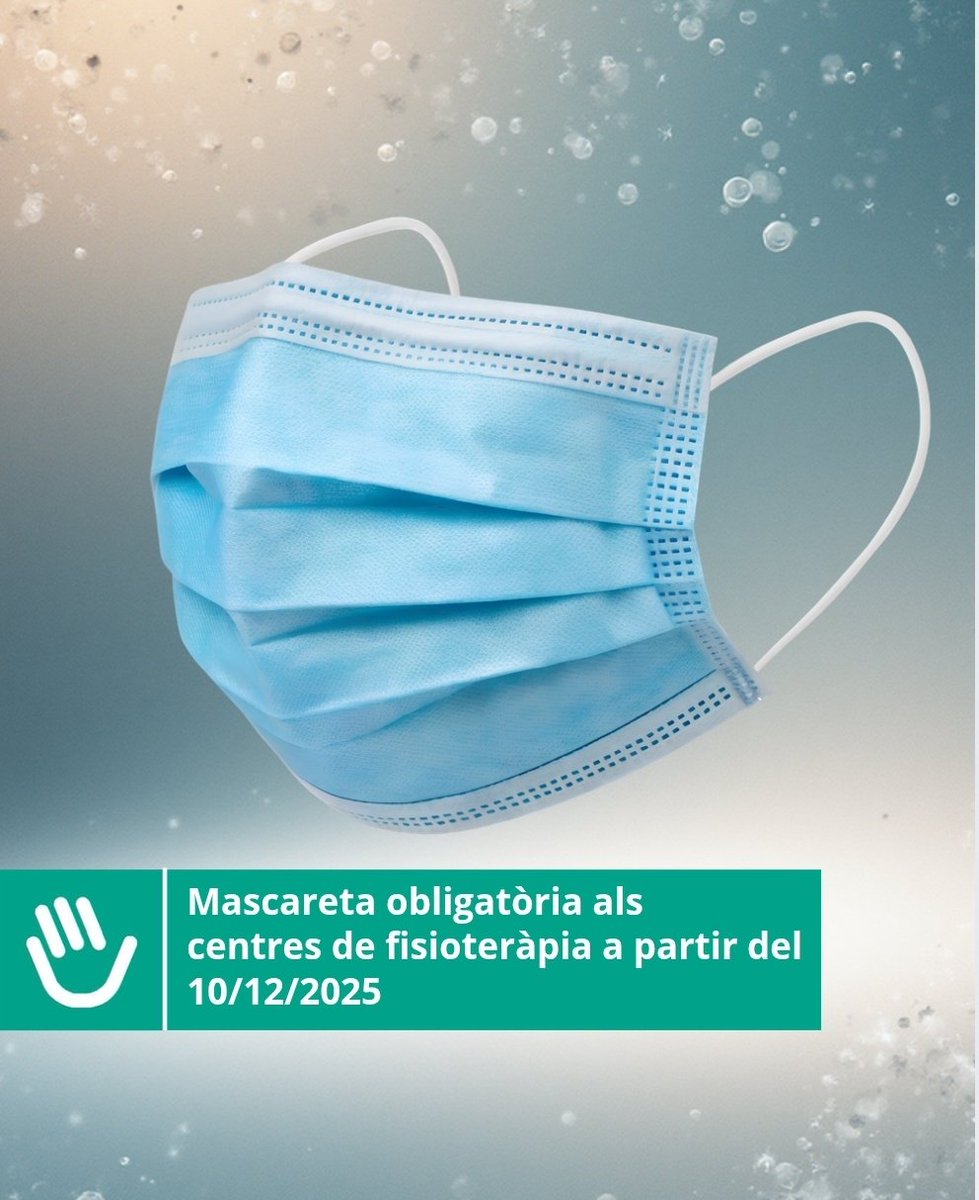 😷 Mascaretes obligatòries
A partir del 10/12 2025, serà obligatori l’ús de mascareta en:
🏥 Centres de #fisioteràpia, serveis #sanitaris i sociosanitaris per part de professionals, pacients i acompanyants per evitar la propagació de nous casos de #grip
 <a href="/salutcat/">Salut</a>