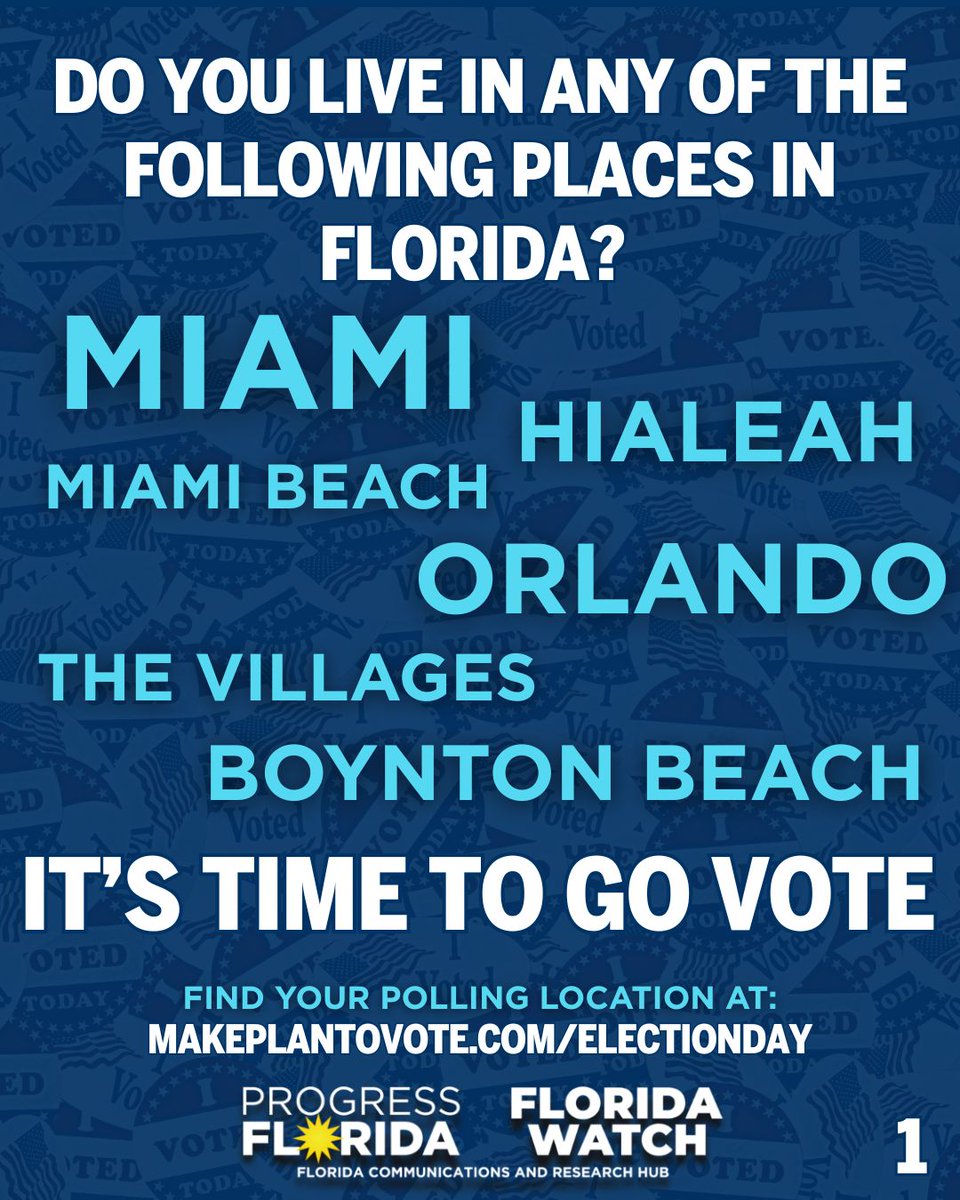 ProgressFlorida's tweet image. Florida, it's time to vote! If you are in one of the cities with an election today, make sure your voice is heard. Polls open from 7am-7pm. To find your polling location, check out MakeAPlanToVote.com/ElectionDay. Happy voting!