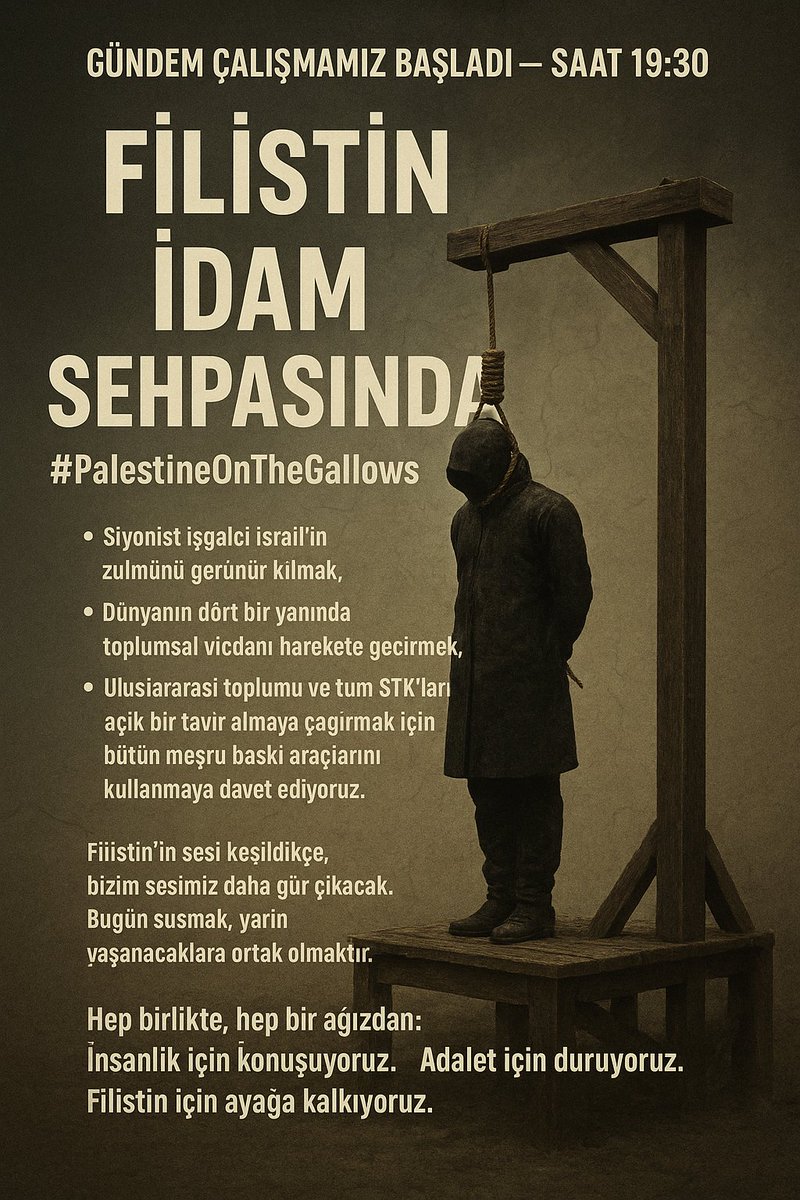 İşgalin vahşeti büyüdükçe, sessizliğin utancı da büyüyor.

Biz o utanç defterine adımızı yazdırmayacağız.

Her platformda, her mecrada, her dilde:
 Zulme karşı dimdik duracağız.

“Filistin İdam Sehpasında” 
 #PalestineOnTheGallows