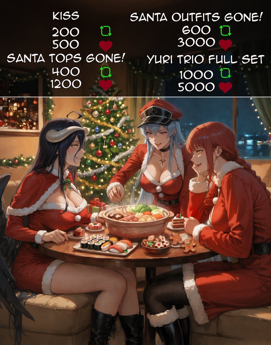 CreationsLevi's tweet image. Makima, Esdeath and Albedo tonight, 
dining together in cozy holiday light. 
a little challenge to make the magic progress, 
what winter reveals is anyone’s guess! 🎄

 SFW Illustration