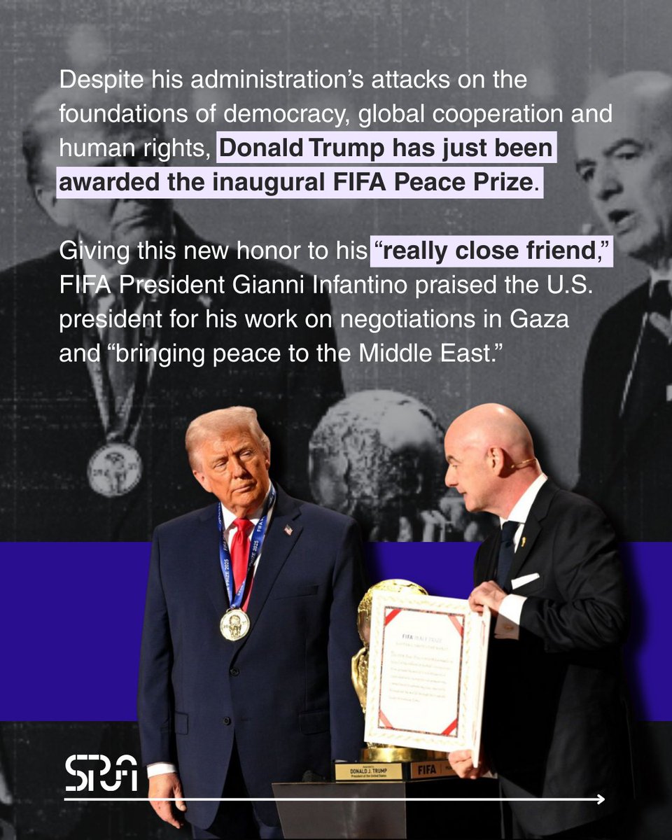Sport_Rights's tweet image. 📢 Trump just won the #FIFA Peace Prize, a decision that ignores his attacks on democracy, global cooperation and human rights.
