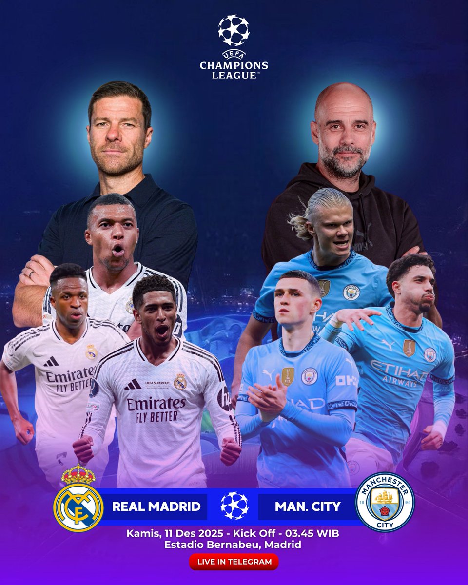 ⚽ LIGA CHAMPIONS UEFA ⚽ 
Real Madrid vs Manchester City
📅 Kamis, 11 Desember 2025
🕒 Kick-Off: 03.45 WIB
📍 Estadio Bernabeu, Madrid

🎥 LIVE di telegram!
t.me/livestreamingb…

Ayo, klik link di bawah ini untuk dukung tim favorite mu!
heylink.me/VISABET88_PLAY/