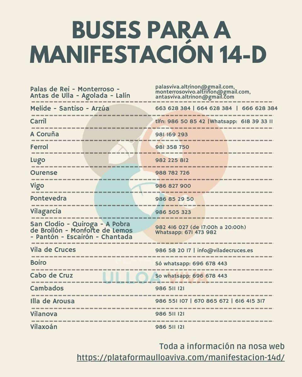 🚌🚌🚌 Compartimos a info que temos ata o momento sobre os autobuses para acudir a Compostela o domingo 14 de decembro, tamén podes atopar toda a información na nosa web: plataformaulloaviva.com/manifestacion-…
#AltriNon