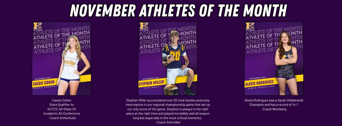 AthleticsHobart's tweet photo. Announcing our November Brickie Athletes of the Month!
Cassie Cohen -@hobartxctf
Stephen Miller - @brickiesfb
Alexis Rodriguez - @BrickieWrestlin
Congratulations, Brickies! Keep up the fantastic #WorkWorkWork! #BrickiePride #BEOP #23sports1TEAM https://t.co/TvOKeOBB1g