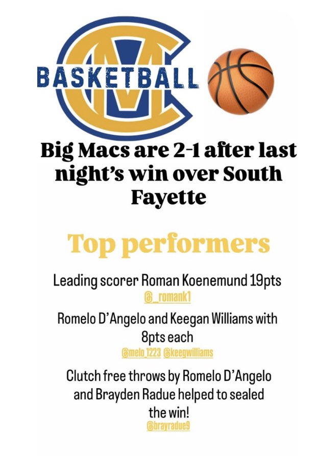 cmboysbball's tweet photo. Big Macs are 3-1.  Standouts of the 1st 4 games https://t.co/dzxA098uI5
