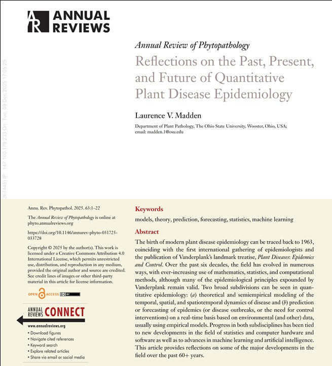 Reflections on the past, present, and future of quantitative plant disease epidemiology <a href="/TheLarryMadden/">Larry Madden</a> doi.org/10.1146/annure…