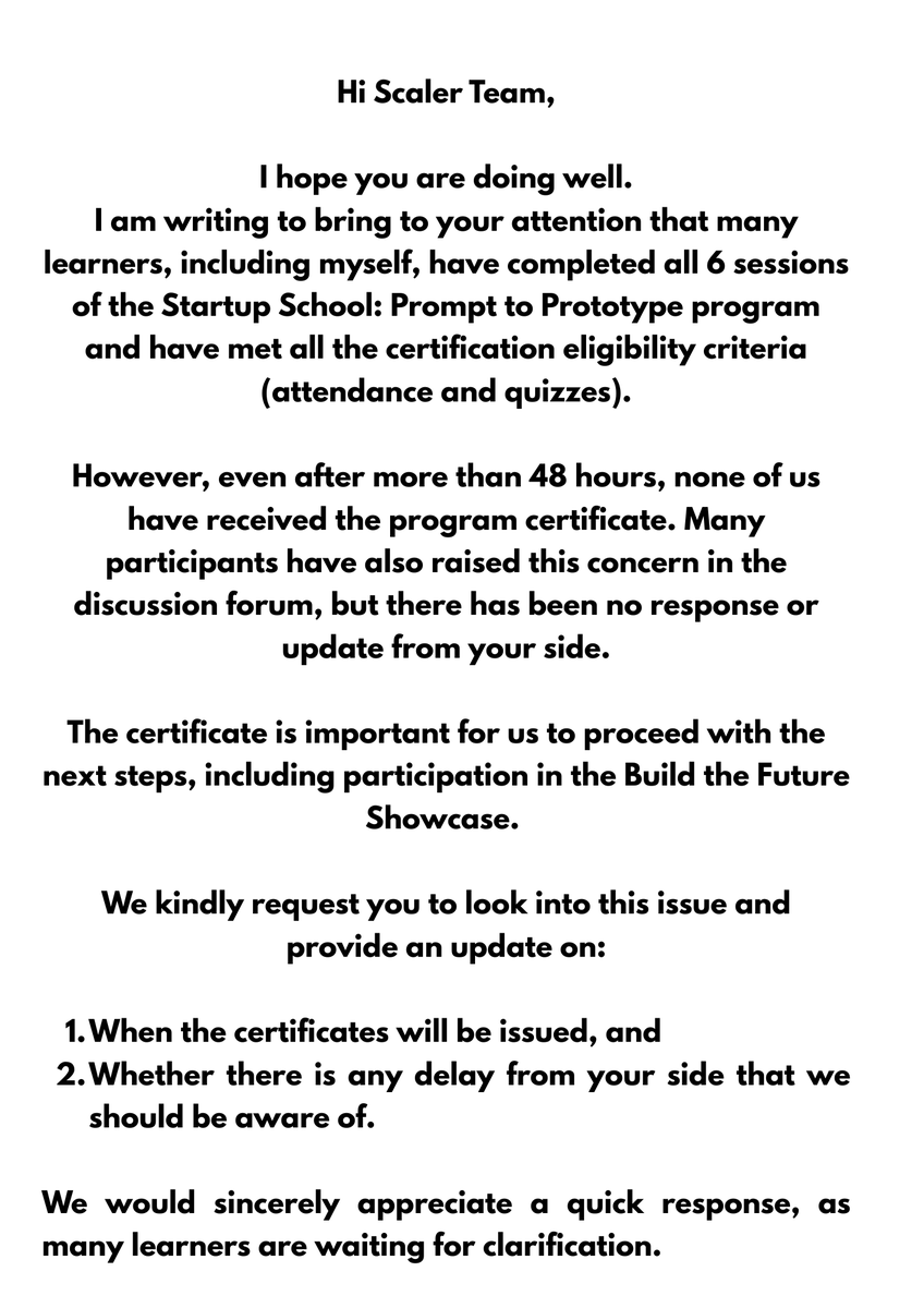 NikhilOshiv's tweet photo. @scaler_official Many learners, including me, completed all 6 sessions of @ScalerHQ Startup School &amp; met all criteria. It’s been 48+ hours, but no certificates received yet.
Requesting an update, please. 🙏
#StartupSchool #Scaler https://t.co/ry2IV0GJYI