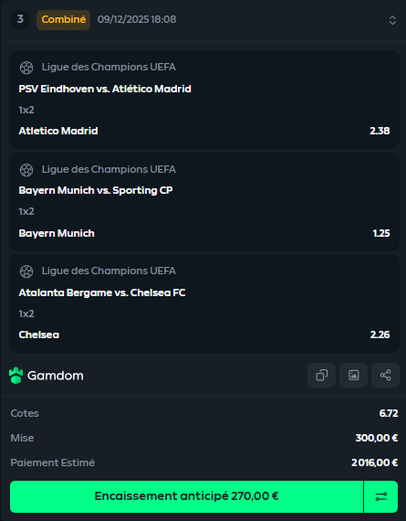 Petit combiné qui va passer les yeux fermés 👨‍🦯

🎯 Atletico + Bayern + Chelsea @ 6.72
💰 300€➡️2000€

Bonne chance 🍀

#TeamParieur