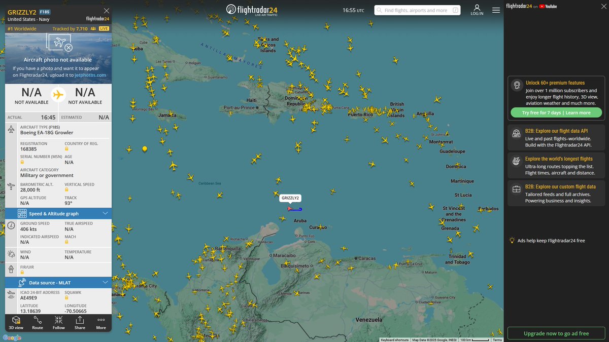 AIYeyENGDdJkjTr's tweet image. Dec. 10, 2025
#Caribbean Sea #USS Gerald R. Ford (CVN-78)
#GRIZZLY2 #AE49E9 USN EA-18G Growler

#Gulf of Venezuela
#RHINO11 #AE53C1 USN FA-18 SUPER HORNET 
#RHINO12 #AE1AE7 USN FA-18 SUPER HORNET

wow!!!