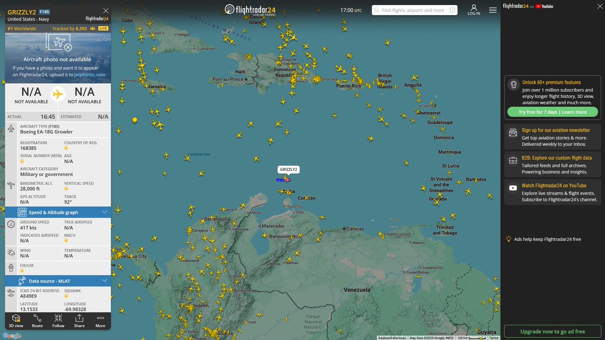 AIYeyENGDdJkjTr's tweet image. Dec. 10, 2025
#Caribbean Sea #USS Gerald R. Ford (CVN-78)
#GRIZZLY2 #AE49E9 USN EA-18G Growler

#Gulf of Venezuela
#RHINO11 #AE53C1 USN FA-18 SUPER HORNET 
#RHINO12 #AE1AE7 USN FA-18 SUPER HORNET

wow!!!
