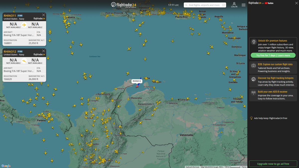 AIYeyENGDdJkjTr's tweet image. Dec. 10, 2025
#Caribbean Sea #USS Gerald R. Ford (CVN-78)
#GRIZZLY2 #AE49E9 USN EA-18G Growler

#Gulf of Venezuela
#RHINO11 #AE53C1 USN FA-18 SUPER HORNET 
#RHINO12 #AE1AE7 USN FA-18 SUPER HORNET

wow!!!