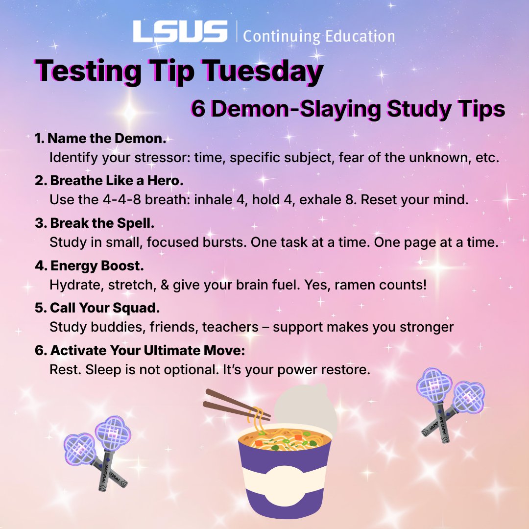 #FinalsWeek isn’t just about the tests on your desk, it’s about the inner demons you battle along the way: #stress, #anxiety, &amp; those moments of “I can’t.” Take a breath. Ground yourself. You’ve trained for this moment. Now it’s time to shine. ✨ 

#lsusce #TestingTipTuesday
