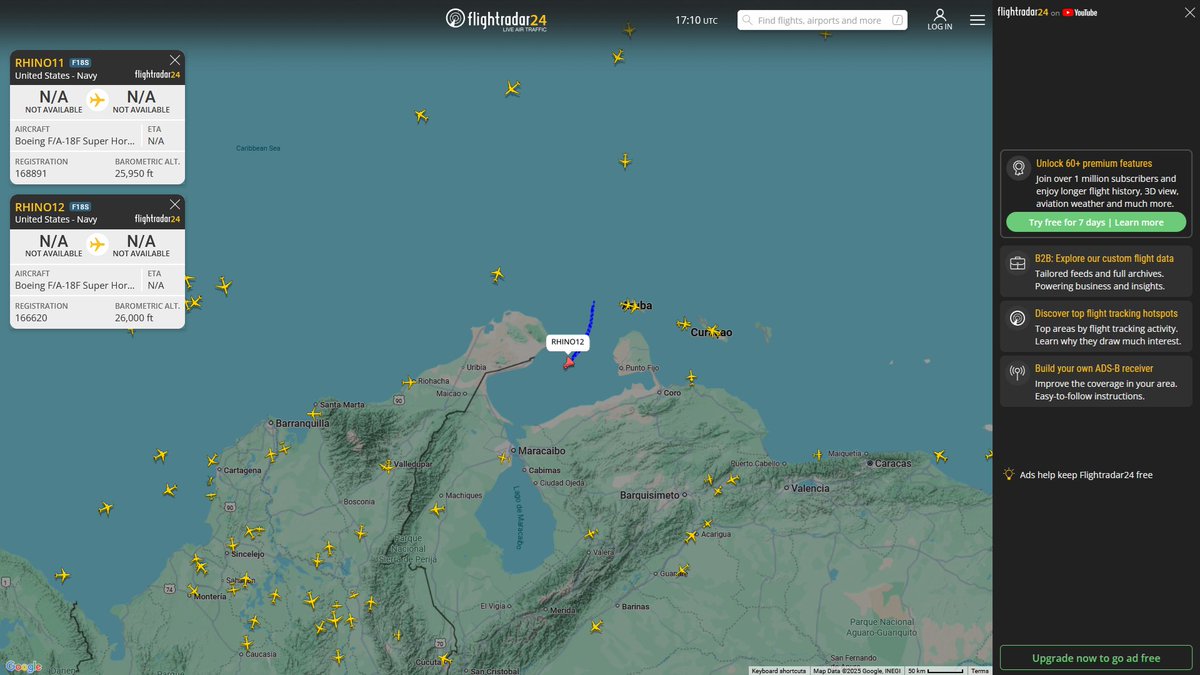 AIYeyENGDdJkjTr's tweet image. Dec. 10, 2025
#Caribbean Sea #USS Gerald R. Ford (CVN-78)
#GRIZZLY2 #AE49E9 USN EA-18G Growler

#Gulf of Venezuela
#RHINO11 #AE53C1 USN FA-18 SUPER HORNET 
#RHINO12 #AE1AE7 USN FA-18 SUPER HORNET

wow!!!