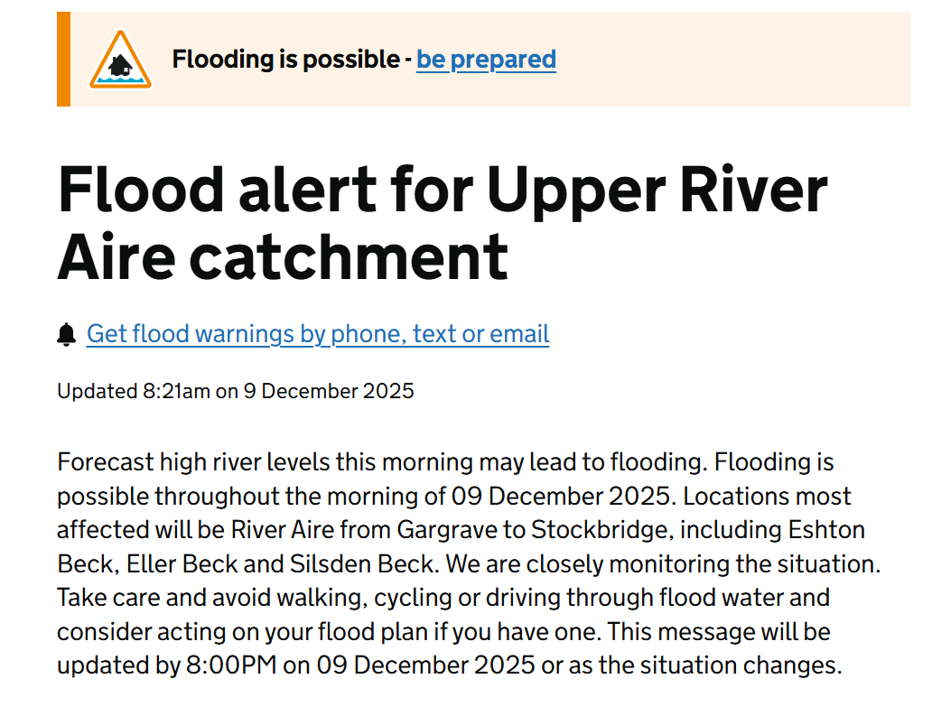 JulianSmithUK's tweet image. ⚠️ Flood alerts are in place for the Upper River Aire (Gargrave) and Lower River Ure (Masham).

Please take care, avoid flood water, and check updates here:

Lower River Ure: check-for-flooding.service.gov.uk/target-area/12…

Upper River Aire: check-for-flooding.service.gov.uk/target-area/12…

#FloodAlert #NorthYorkshire