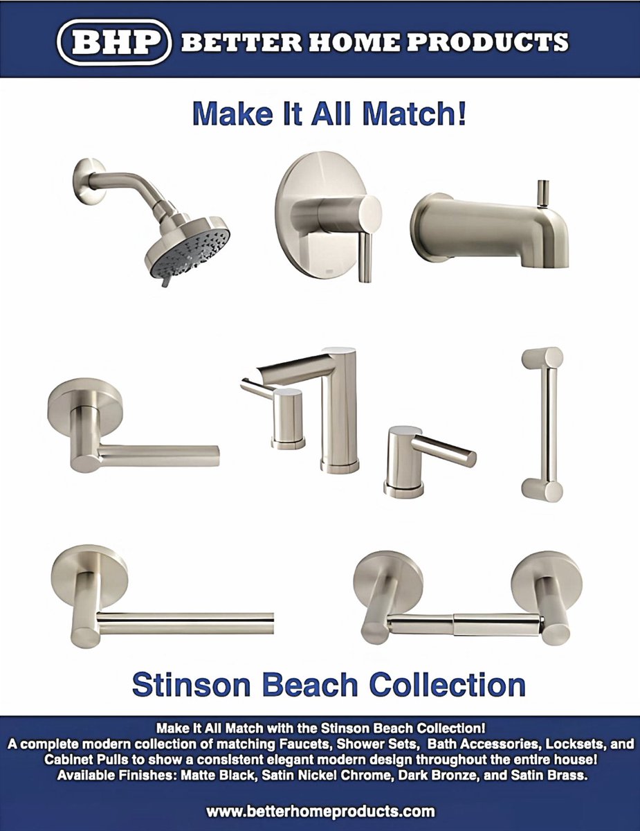 Make It All Match with the Stinson Beach Collection!
A complete modern collection of matching Faucets, Shower Sets, Bath Accessories, Locksets, and Cabinet Pulls to show a consistent elegant modern design throughout the entire house!
bhp.btcny.net/promotion/stin…
