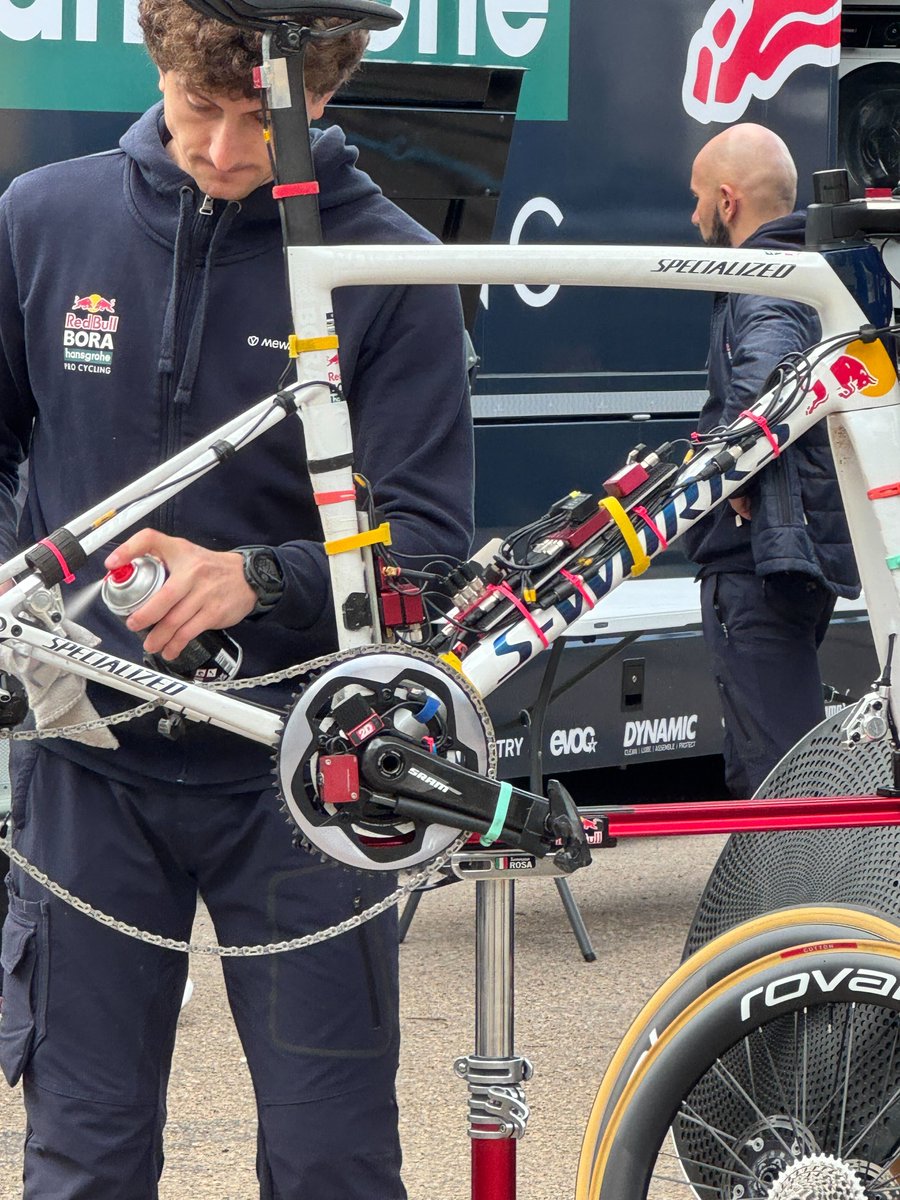 What's going on here?!  

A team bike is covered in sensors at the RedBull-Bora-Hansgrohe training camp, but the team remains tight-lipped on the tests being done. 

📸 James Moultrie   #cyclingnews
