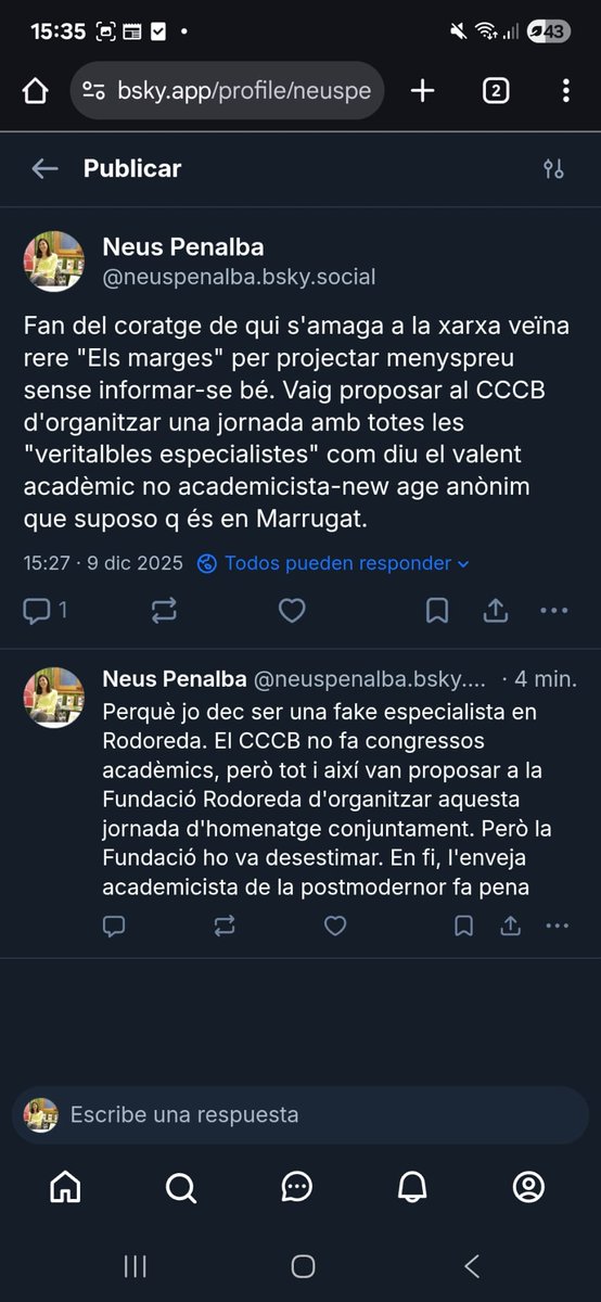 Sobre l'acusació d'Els Marges, circula aquesta resposta de Neus Penalba. La poso aquí a X, que és on ens barallem i ens ho passem bé! (Crec, a més, que l'exposició de Penalba no és New Age ni propaganda sociata com Guadalajara; és una forma híbrida i pública de fer assaig.)