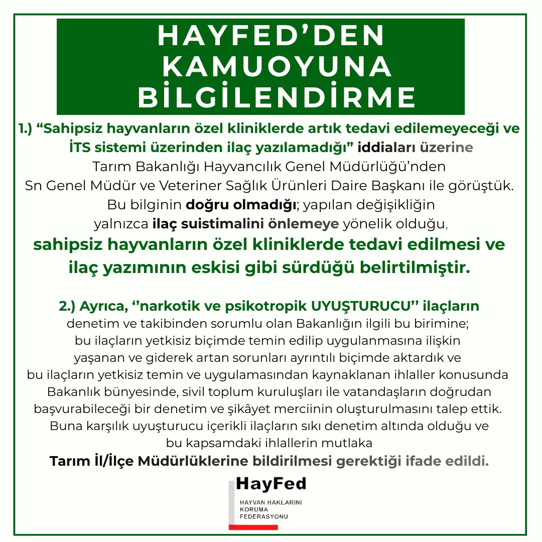 "Sahipsiz hayvanların özel kliniklerde artık tedavi edilemeyeceği ve İTS sistemi üzerinden ilaç yazılamayacağı"iddiaları üzerine Bakanlığa bağlı Sn Genel md. ve Veteriner Sağlık Ürünleri Daire Bşk ile görüştük.Bilgilendirme aşağıdadır.